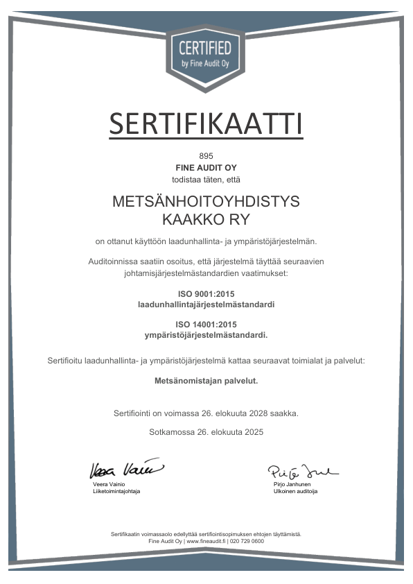 Mhy Kaakolle myönetty ISO 9001 ja ISO 14001 laatu- ja ympäristöserifikaatit